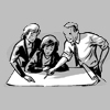 Three people looking at a map on a table and discussing