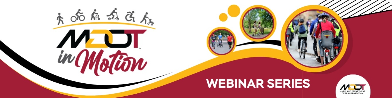 A colorful banner titled "MDOT in Motion" featuring various modes of transportation, including a bus, a light rail train, a cyclist, and a cargo ship, representing Maryland’s diverse transit network.