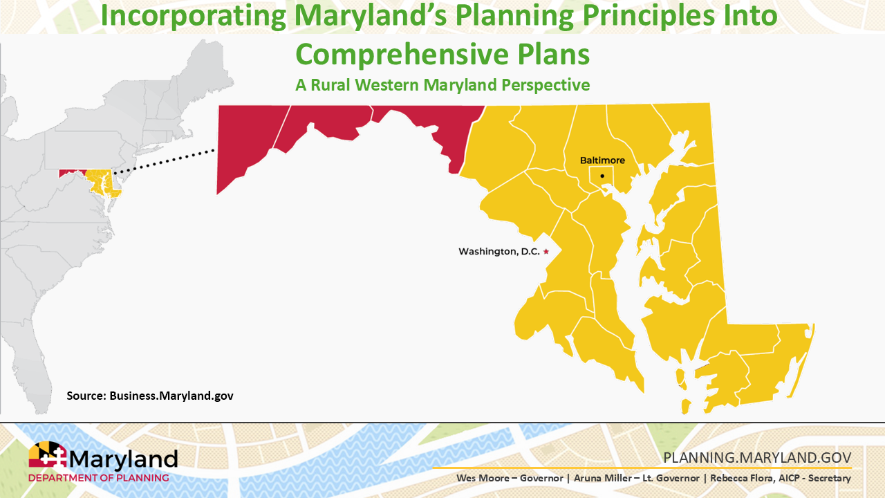 An infographic map of Maryland from the Department of Planning, highlighting the three westernmost counties in red to represent a "Rural Western Maryland Perspective."