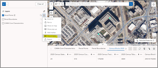 The map with two parcel points selected. The actions button next to the Parcel Points layer is expanded and View in table is highlighted.