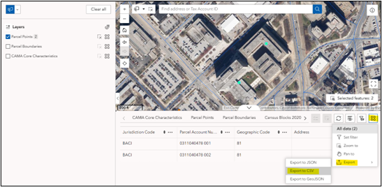 The attribute table with two records for the two selected parcel points. The actions button in the attribute table is expanded, with Export and Export to CSV highlighted. 