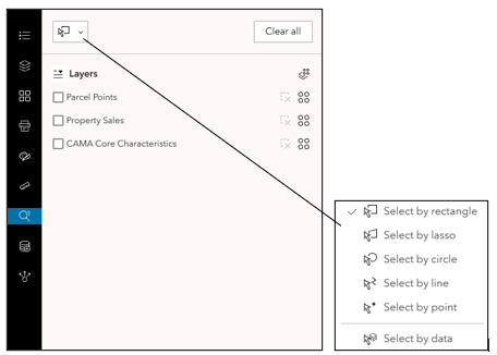 The expanded select tool displaying the layers available for selection, other options and dropdown menu within the select tool. Includes options to select by different shapes or select by data.