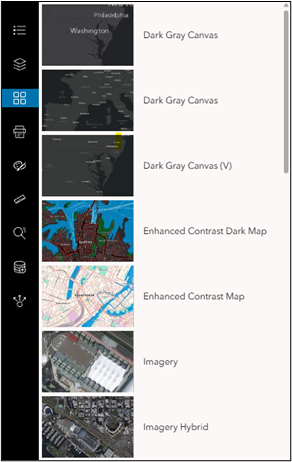 The expanded basemap tool listing the available basemaps. Options include dark gray canvas, enhanced contrast dark map, enhanced contrast map, and others.