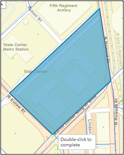 A view of the map with a completed polygon drawn over the selected Census block.
