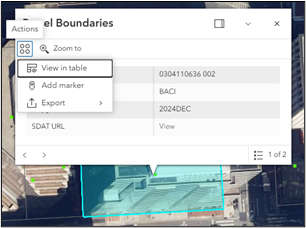 The actions options available within a pop-up, featuring options to view the feature in table, add a marker, and export the feature.