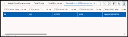 An attribute table displaying the selected Census block.