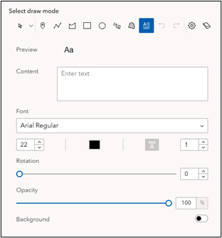 The draw menu with the text draw mode selected. A content box says "enter text" with configuration options below.