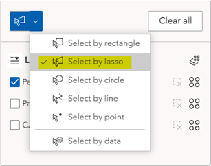 The select options dropdown with Select by lasso highlighted.