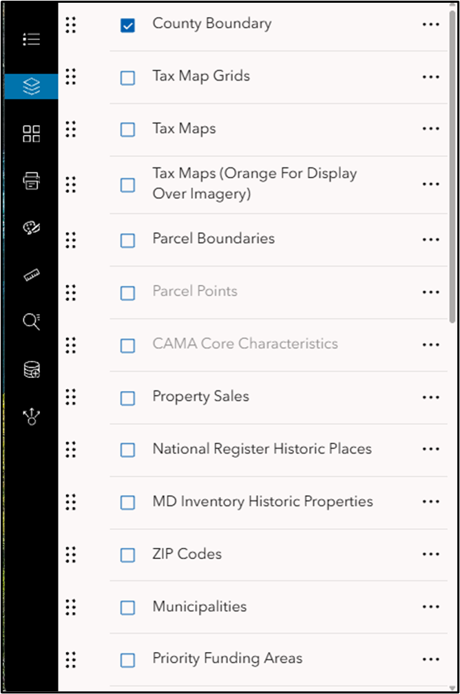 The expanded layer list tool displaying all of the layers available in the application. Each layer has a drag and drop handle to change the order of the layers, a check box to make the layer visible on the map, and an options menu.