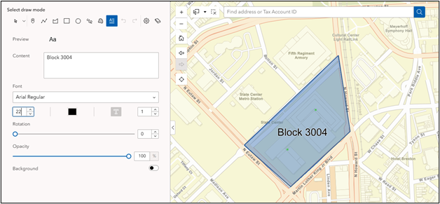 A view of the map with the expanded draw menu on the left. The text "Block 3004" has been added on top of the drawn polygon.