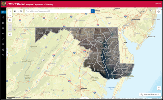 View of the application, featuring a map and a tool menu along the left side of the page.
