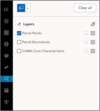 The expanded Select tool with the Parcel Points layer checked.