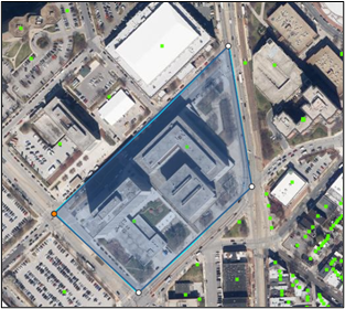 A view of the map with a completed selection shape drawing.