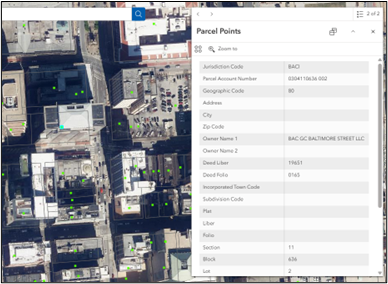 A screenshot of the map with a pop-up for a parcel point feature open.