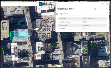 A screenshot of the map with a pop-up for a parcel boundary feature open.