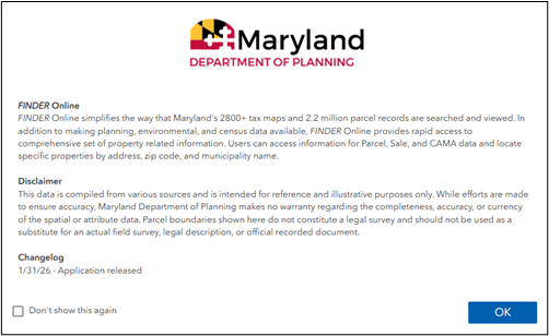 The application's splash screen featuring the Maryland Department of Planning logo, a brief description of the app, and a changelog. 