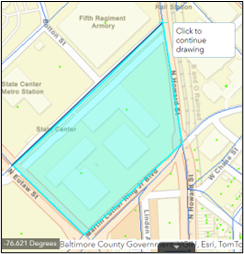 A view of the map with a polygon being drawn over the selected Census block.